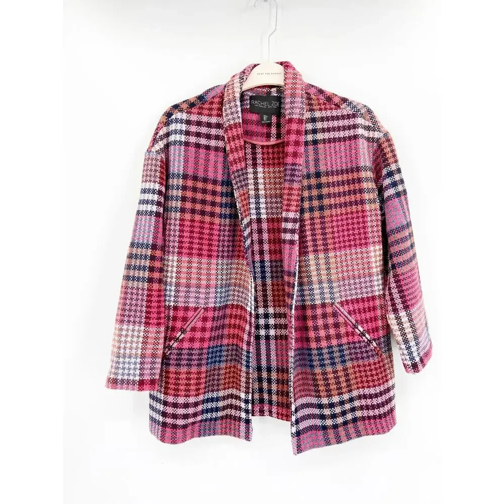 Rachel Zoe Pink Blue Plaid Woven Tweed Wool Blend‎ Jacket Size Small